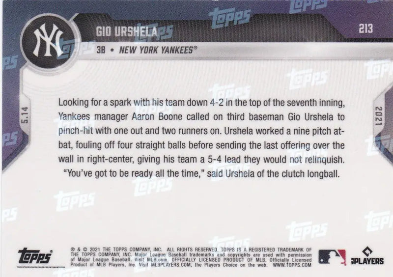 Baseball card back of 2021 Topps Now Gio Urshela New York Yankees collectible