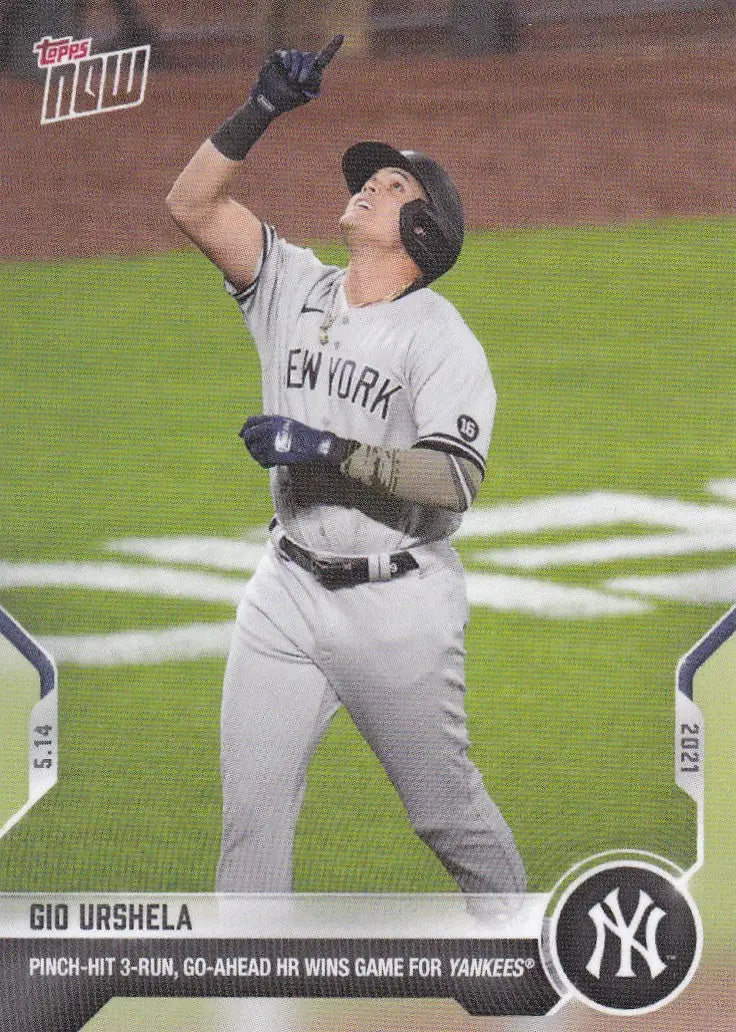 Baseball card of Gio Urshela from 2021 Topps Now with New York Yankees branding