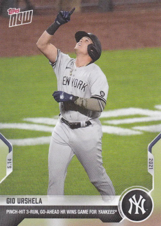Baseball card of Gio Urshela from 2021 Topps Now with New York Yankees branding