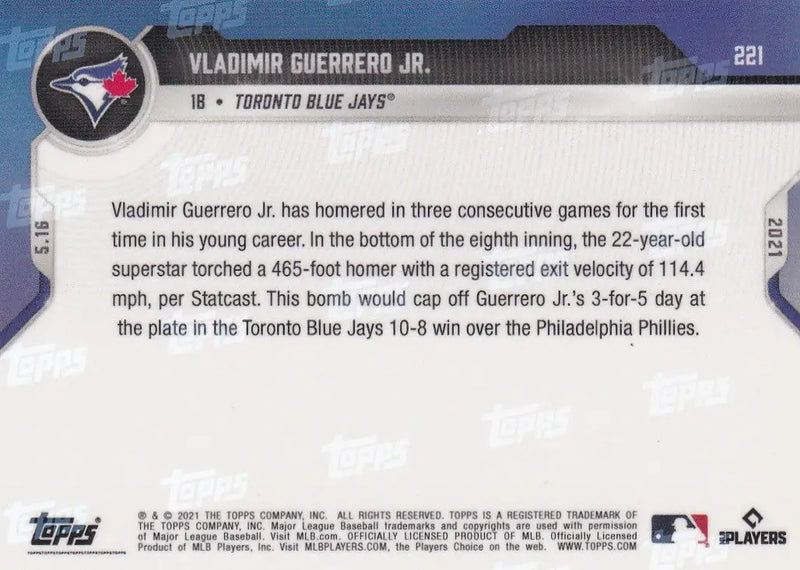 Back of 2021 Topps Now #221 Vladimir Guerrero Jr. Toronto Blue Jays baseball card