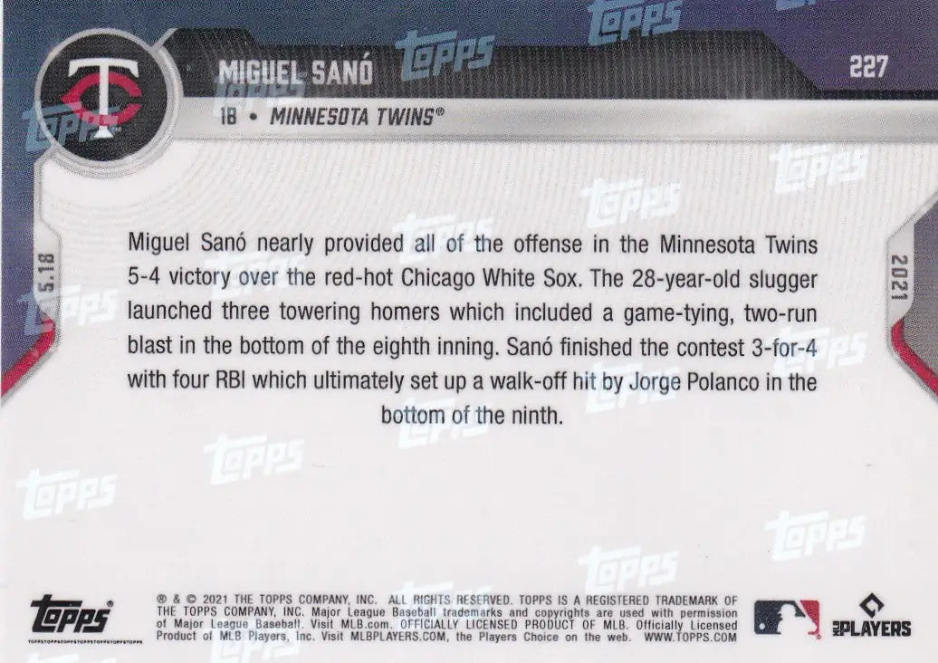 Baseball card back of 2021 TOPPS NOW #227 Miguel Sano - Minnesota Twins collectible