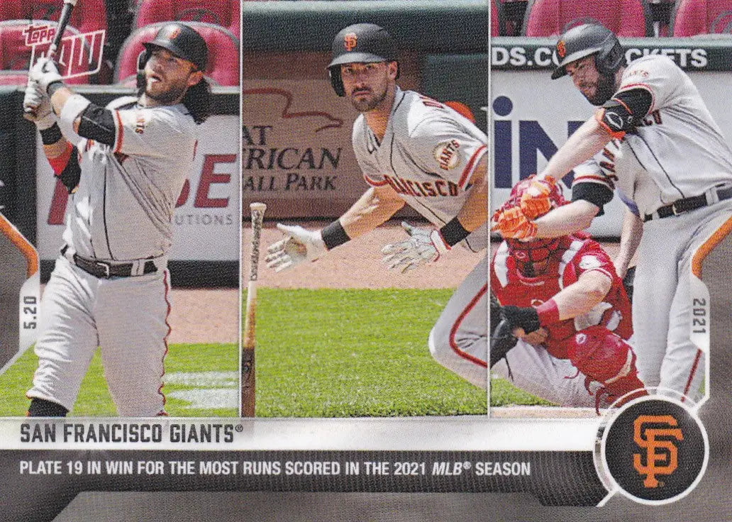 Baseball card showcasing San Francisco Giants players from the National League 2021 Topps Now