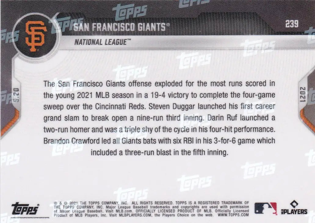 Back of 2021 TOPPS NOW #239 San Francisco Giants National League baseball card