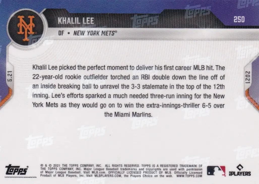 Baseball card back of 2021 Topps Now Khalil Lee New York Mets collectible