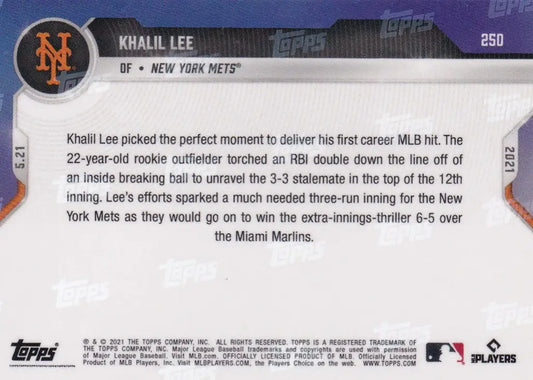 Baseball card back of 2021 Topps Now Khalil Lee New York Mets collectible