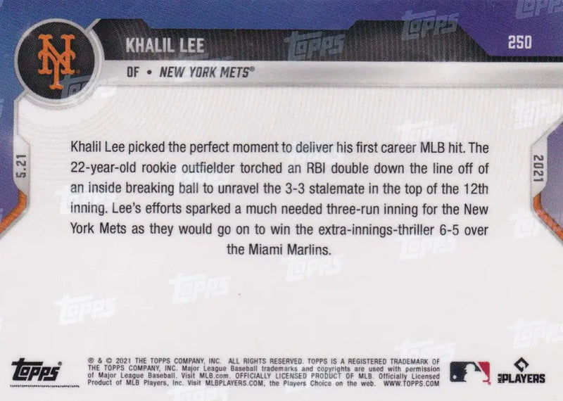Baseball card back of 2021 Topps Now Khalil Lee New York Mets collectible