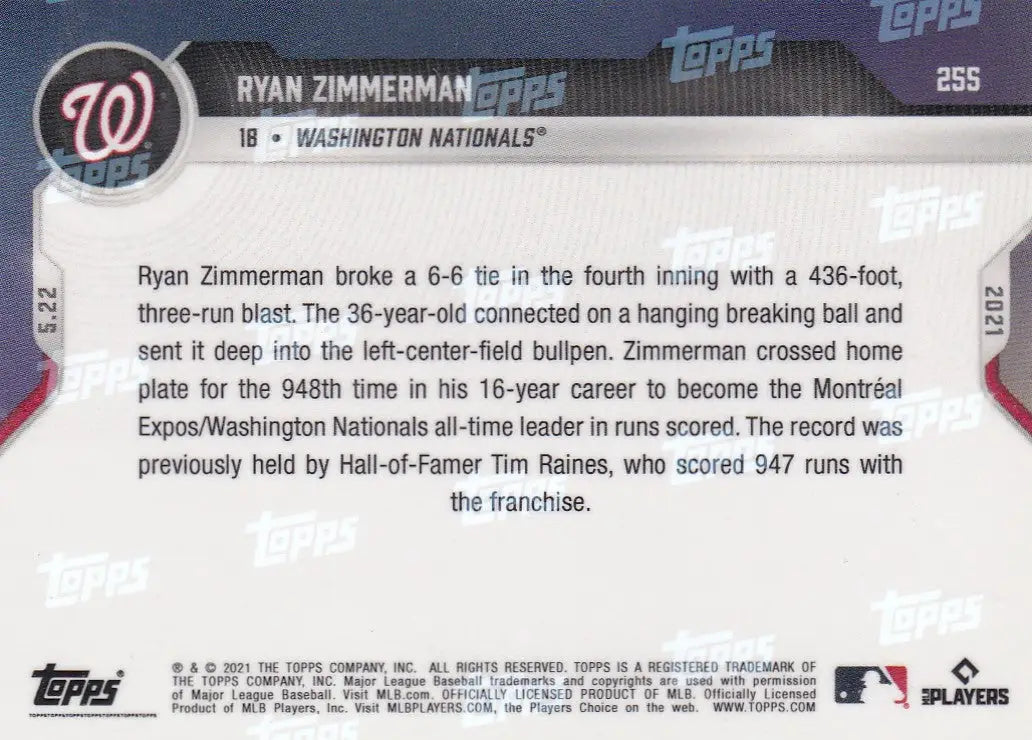 2021 Topps Now #255 Ryan Zimmerman baseball card for Washington Nationals fans