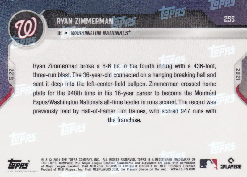 2021 Topps Now #255 Ryan Zimmerman baseball card for Washington Nationals fans