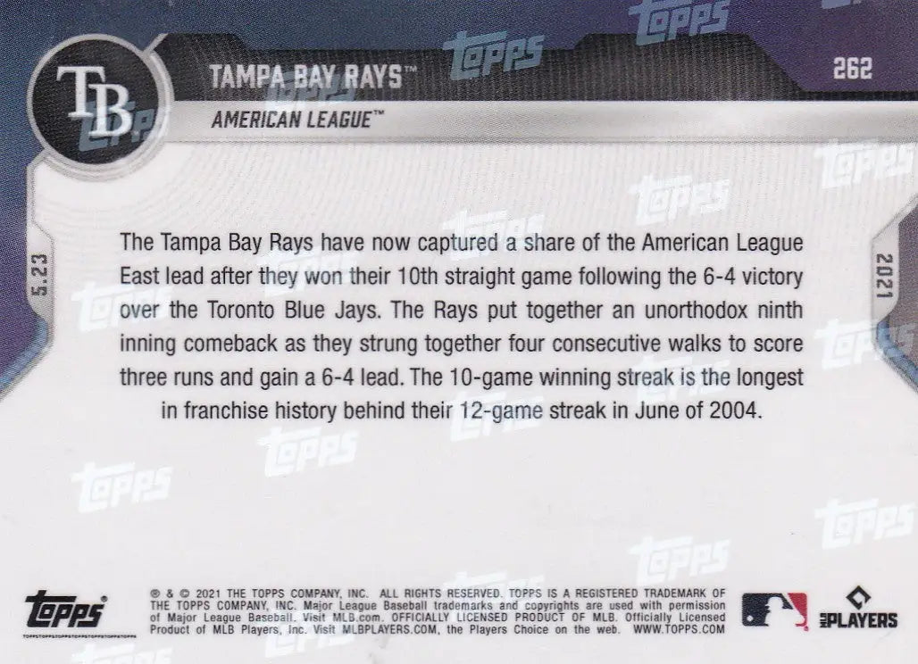 Tampa Bay Rays 2021 TOPPS NOW #262 baseball card back design details