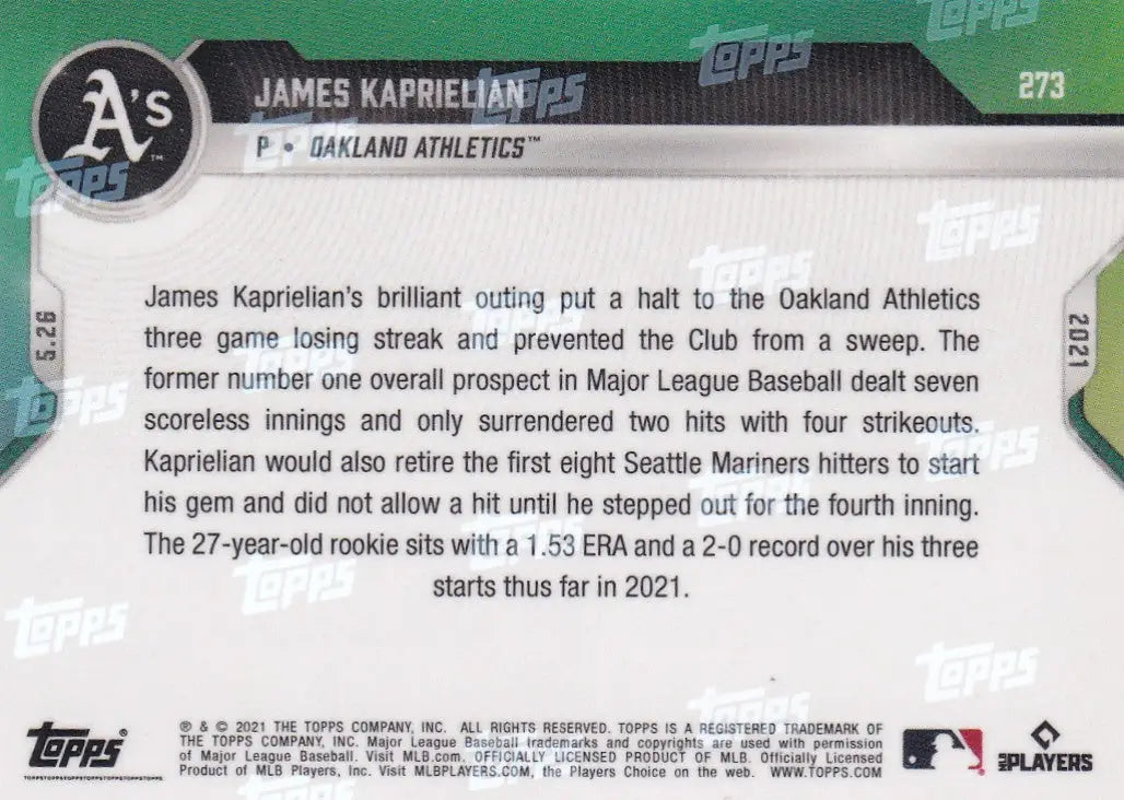 Baseball card back of 2021 Topps Now #273 James Kaprielian - Oakland Athletics