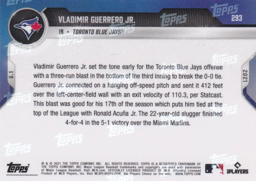 Back of 2021 TOPPS NOW #293 Vladimir Guerrero Jr card for Toronto Blue Jays collectors