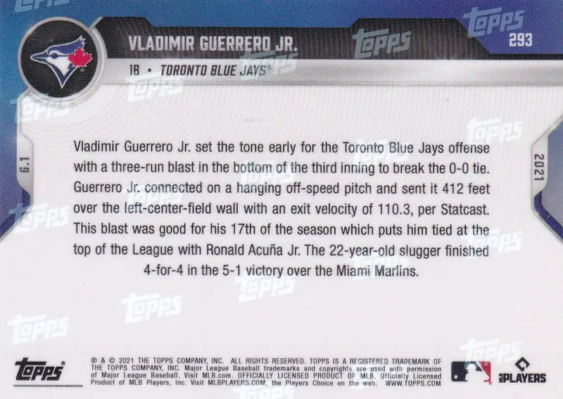 Back of 2021 TOPPS NOW #293 Vladimir Guerrero Jr card for Toronto Blue Jays collectors