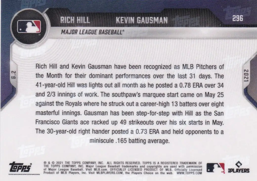 Baseball card back of 2021 Topps Now #296 Rich Hill - MLB featuring player stats