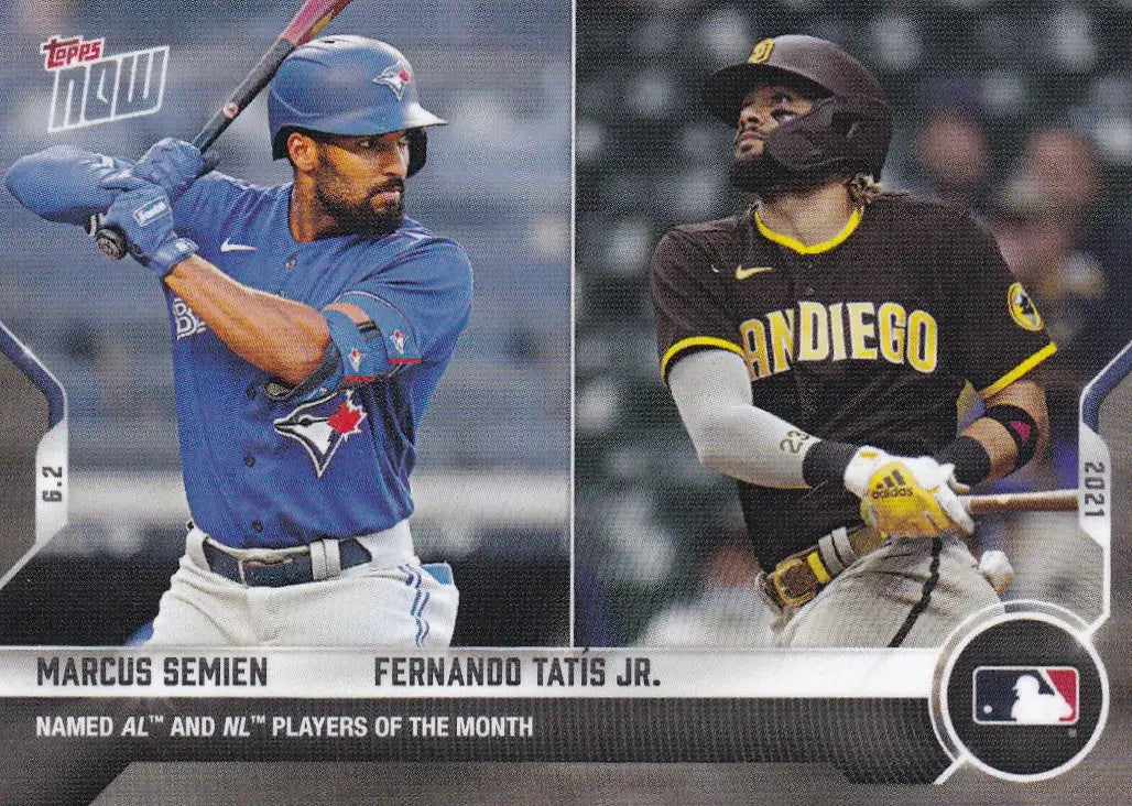 Baseball card of Marcus Semien and Fernando Tatis Jr. from 2021 Topps Now MLB set