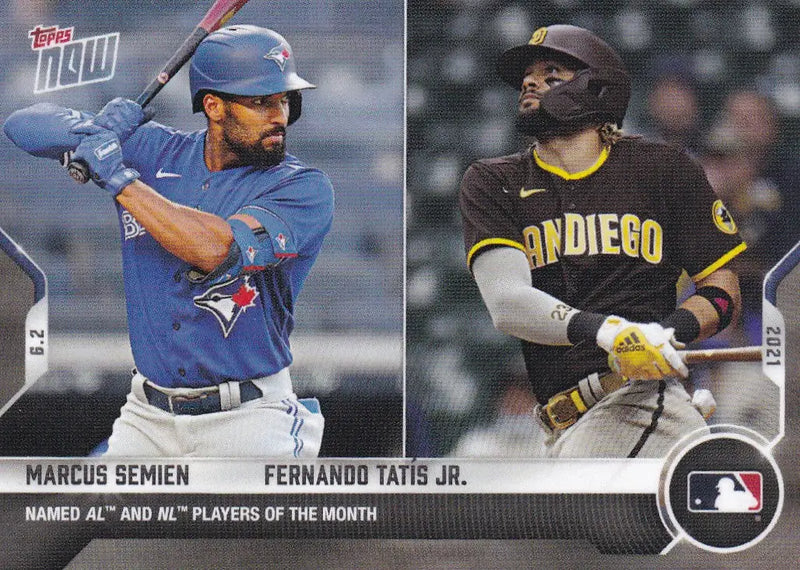 Baseball card of Marcus Semien and Fernando Tatis Jr. from 2021 Topps Now MLB set