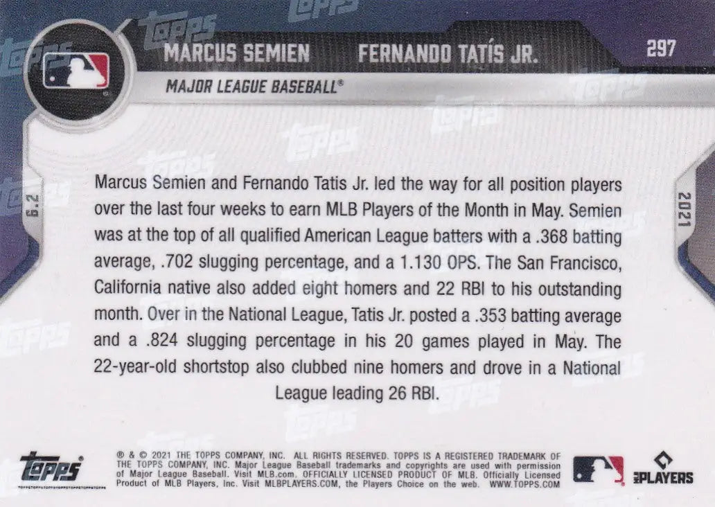 Baseball card back of 2021 TOPPS NOW #297 Marcus Semien- MLB for collectors