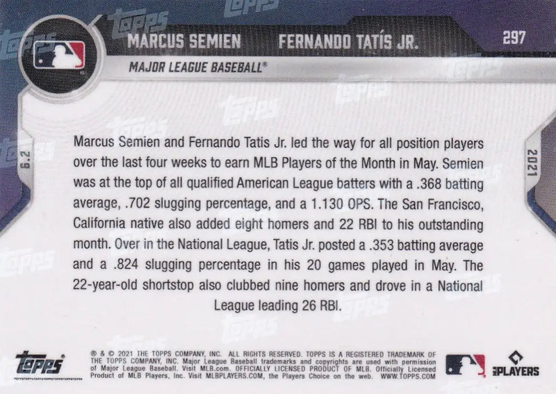 Baseball card back of 2021 TOPPS NOW #297 Marcus Semien- MLB for collectors