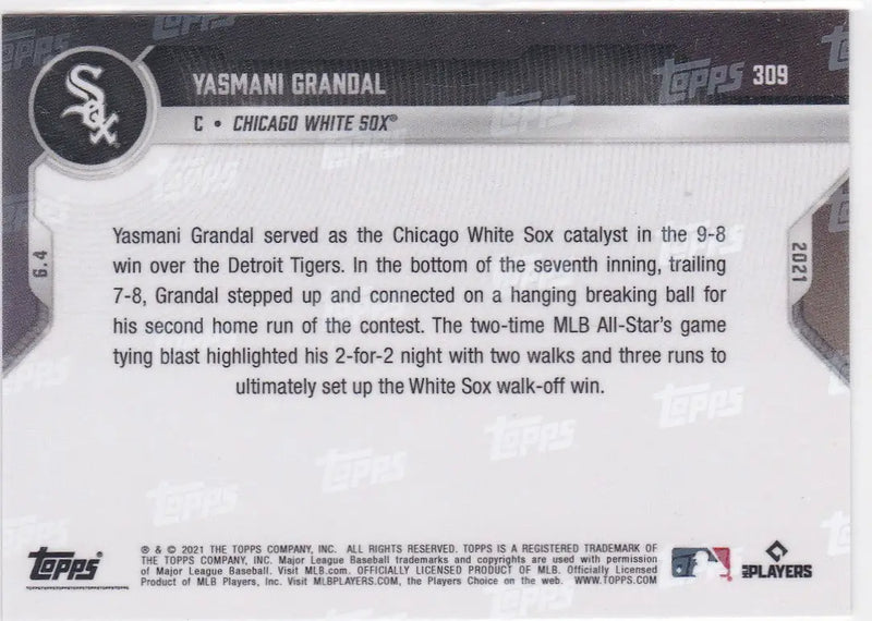 Yasmani Grandal baseball card from 2021 Topps Now featuring Chicago White Sox design