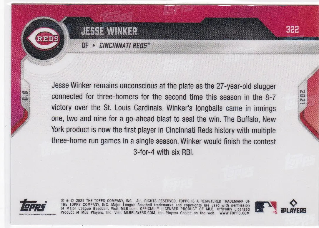 Back of 2021 Topps Now #322 Jesse Winker Cincinnati Reds baseball card displayed