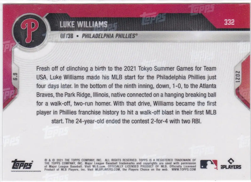 Luke Williams baseball card from 2021 Topps Now featuring Philadelphia Phillies player