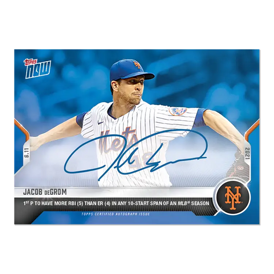 Baseball card of Jacob deGrom in mid-throw with New York Mets autograph overlay