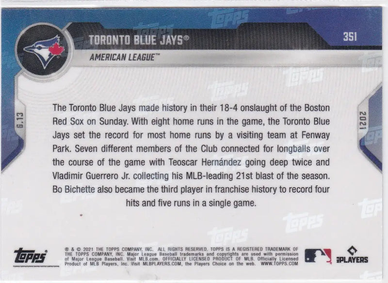 Baseball card back of 2021 TOPPS NOW #351 Toronto Blue Jays American League