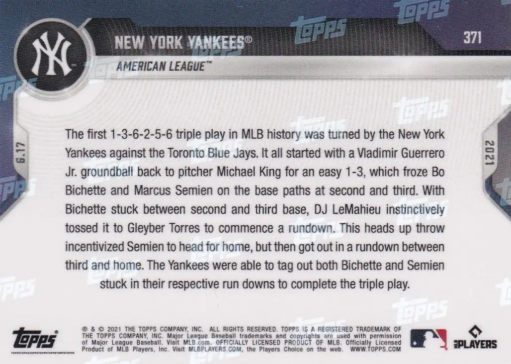 Baseball card back of 2021 TOPPS NOW #371 New York Yankees trading cards