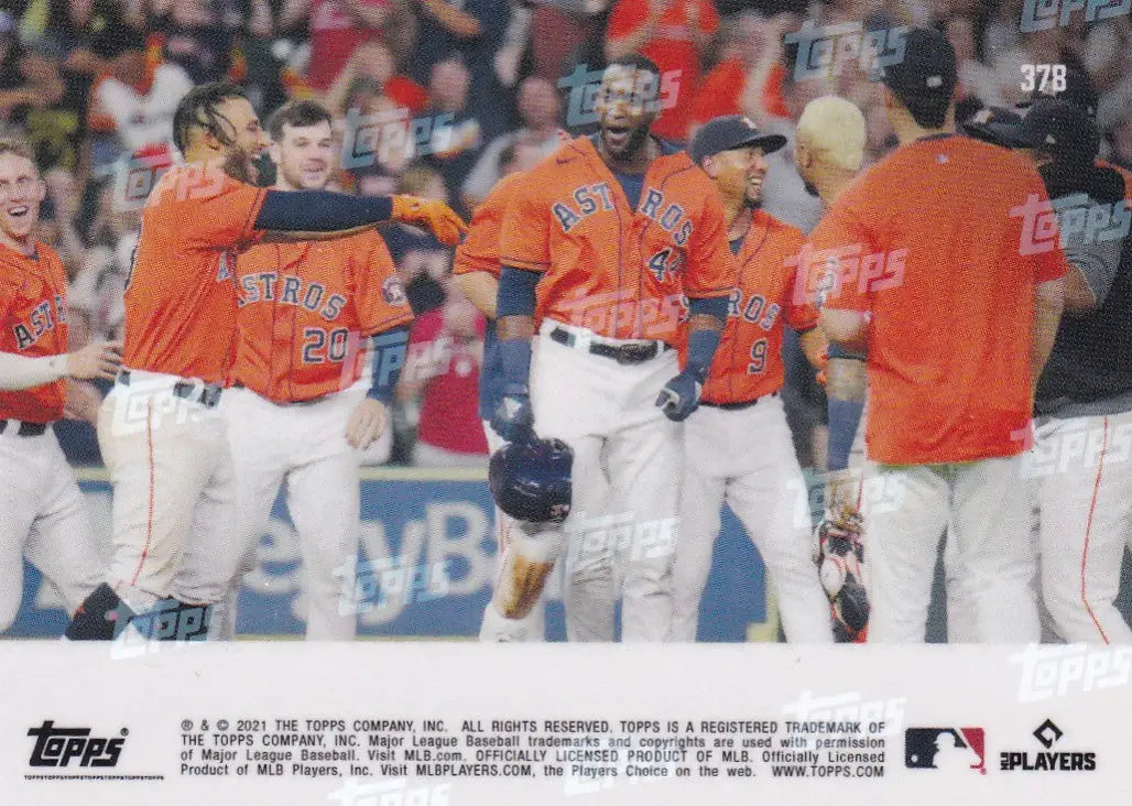 Baseball players celebrating Yordan Alvarez and the Houston Astros’ victory moment