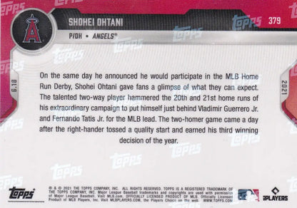 Back of 2021 Topps Now #379 Shohei Ohtani- Angels baseball card showcasing player stats
