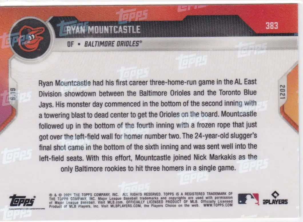 Back of 2021 Topps Now #383 Ryan Mountxastle - Baltimore Orioles baseball card