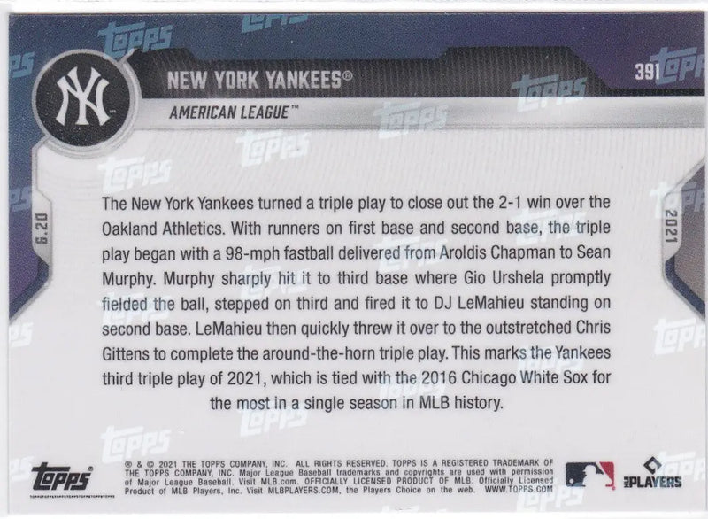 Back view of 2021 Topps Now #391 New York Yankees American League Baseball card