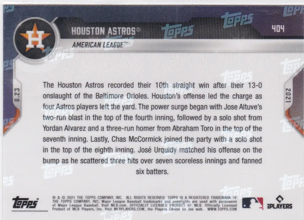 Back of 2021 TOPPS NOW #404 Houston Astros baseball card showcasing player stats