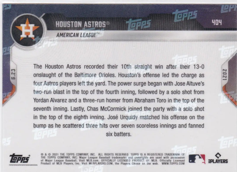 Back of 2021 TOPPS NOW #404 Houston Astros baseball card showcasing player stats