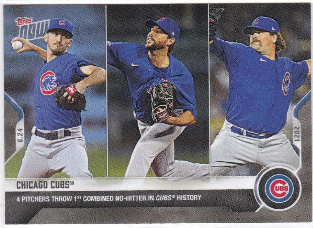 Baseball card of three Chicago Cubs pitchers from 2021 TOPPS NOW trading cards
