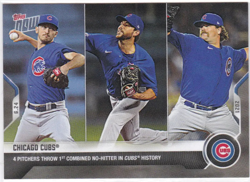 Baseball card of three Chicago Cubs pitchers from 2021 TOPPS NOW trading cards