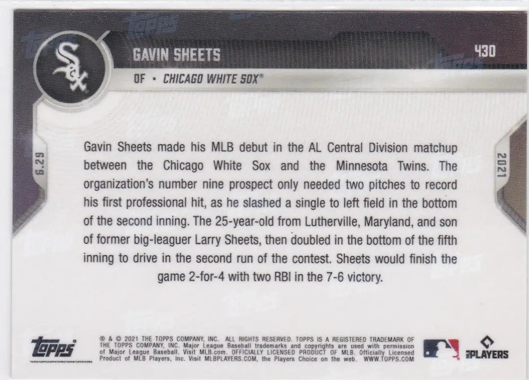 Gavin Sheets baseball card back for 2021 Topps Now featuring Chicago White Sox design
