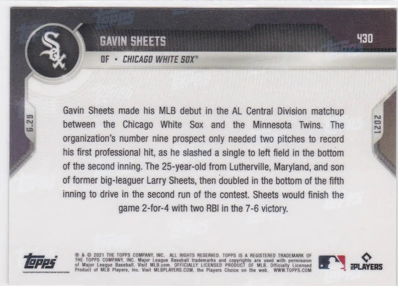 Gavin Sheets baseball card back for 2021 Topps Now featuring Chicago White Sox design