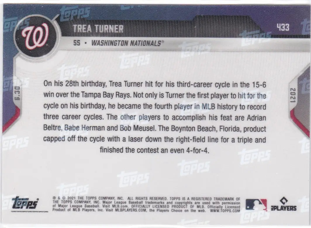 Trea Turner baseball card from 2021 Topps Now featuring Washington Nationals star
