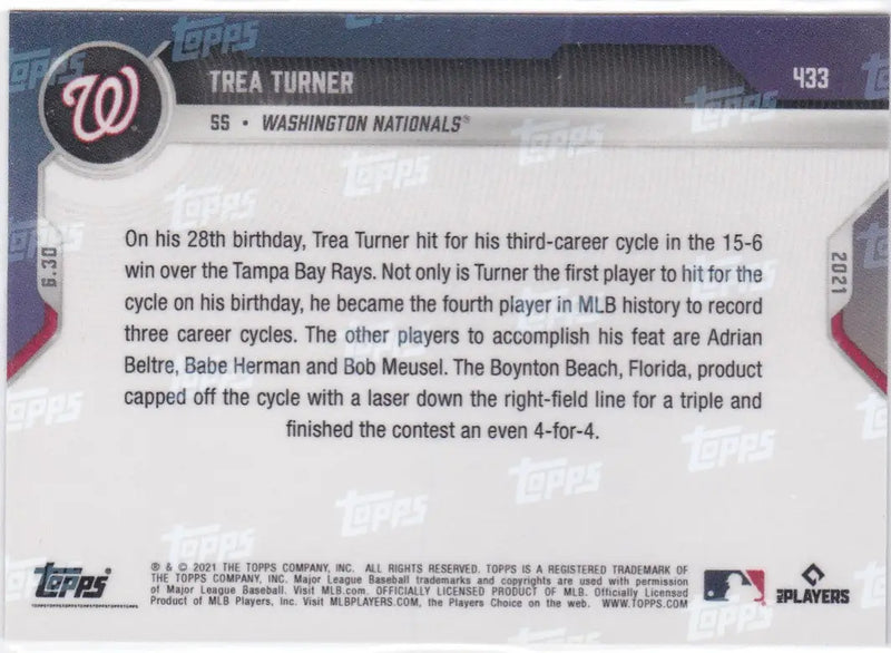 Trea Turner baseball card from 2021 Topps Now featuring Washington Nationals star