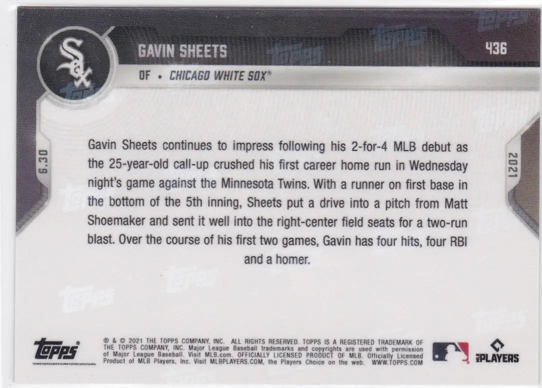 Baseball card back of 2021 Topps Now #436 Gavin Sheets, Chicago White Sox
