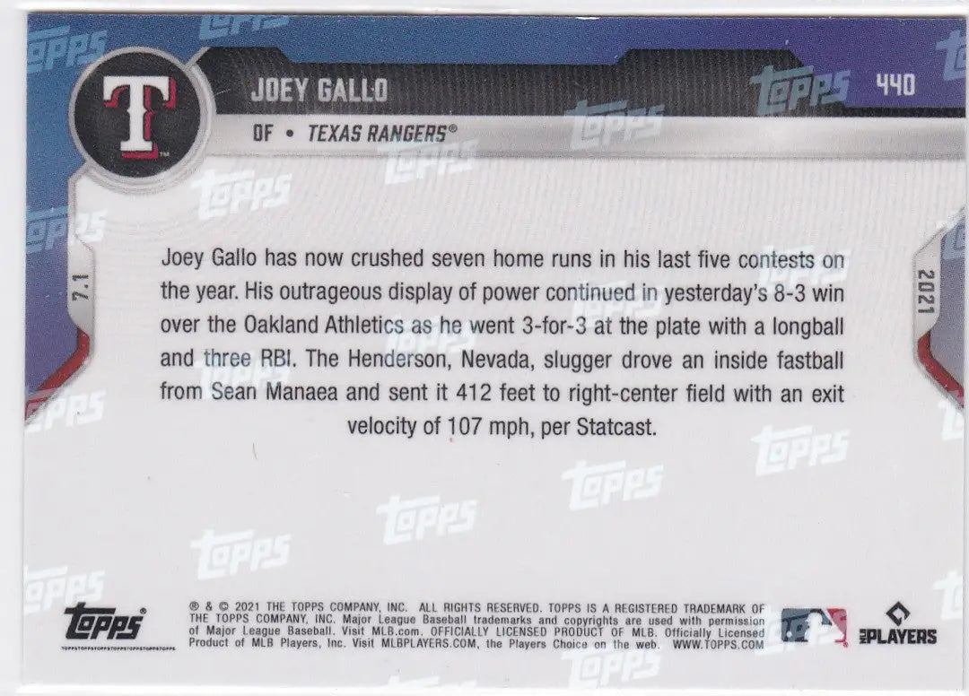 Joey Gallo baseball card back from 2021 TOPPS NOW featuring Texas Rangers player