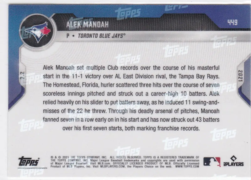 Alek Manoah baseball card from 2021 Topps Now featuring Toronto Blue Jays player