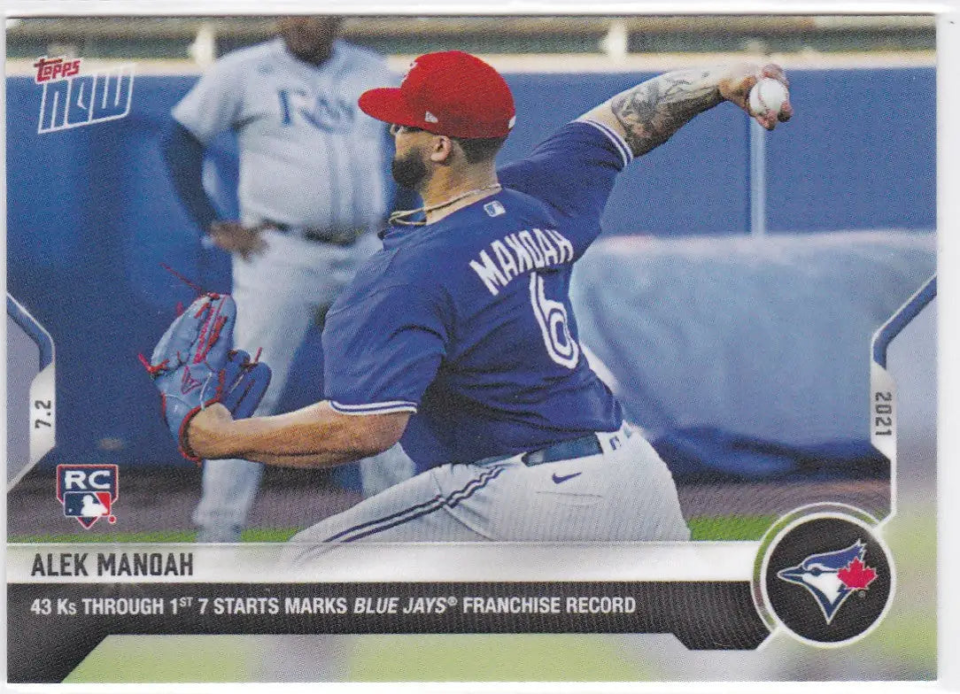 Alek Manoah baseball card from 2021 Topps Now featuring Toronto Blue Jays logo