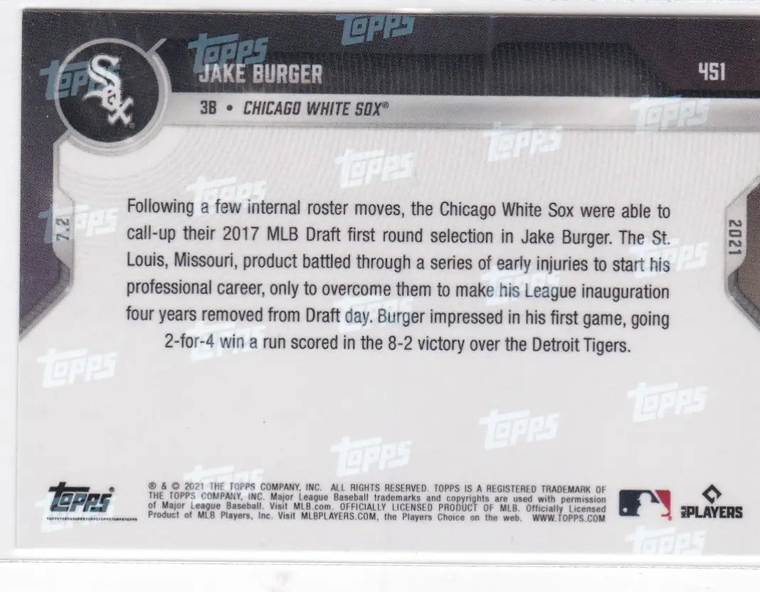 Back of 2021 TOPPS NOW #451 Jake Burger Chicago White Sox baseball card