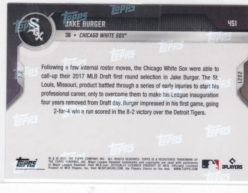 Back of 2021 TOPPS NOW #451 Jake Burger Chicago White Sox baseball card
