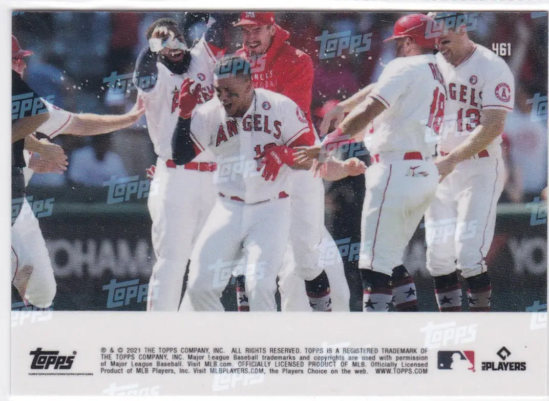 Baseball players celebrating a win featuring Juan Lagares - Angels in 2021 TOPPS NOW card