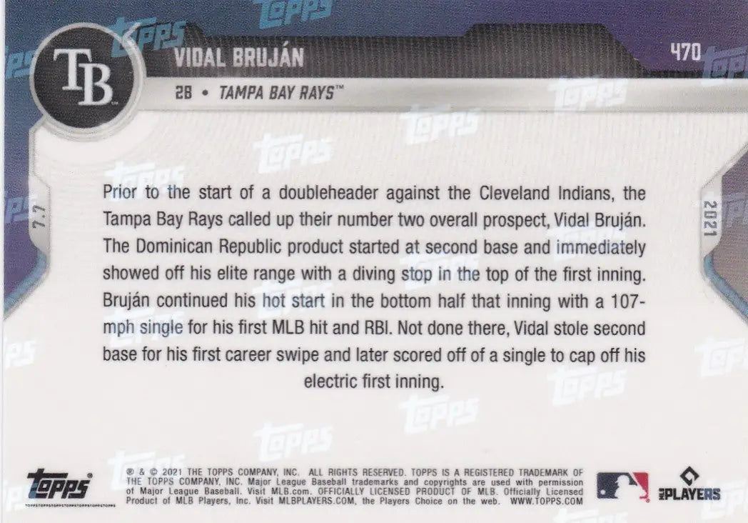 Vidal Bruján baseball card back from 2021 Topps Now for Tampa Bay Rays fans