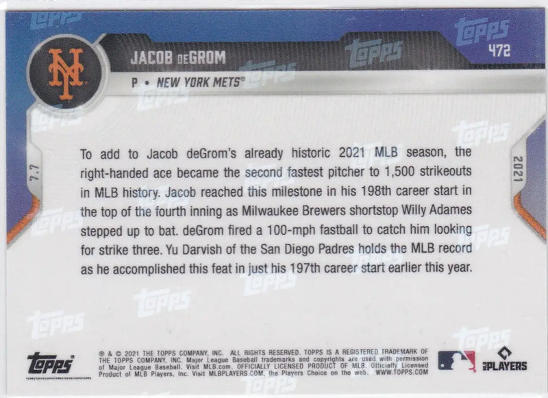 Back of 2021 Topps Now Jacob deGrom trading card with New York Mets details