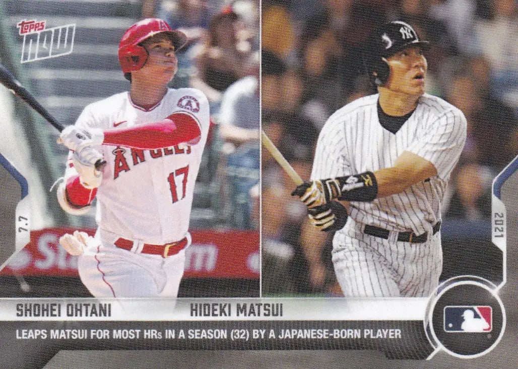Baseball card featuring Shohei Ohtani and Hideki Matsui from 2021 Topps Now MLB