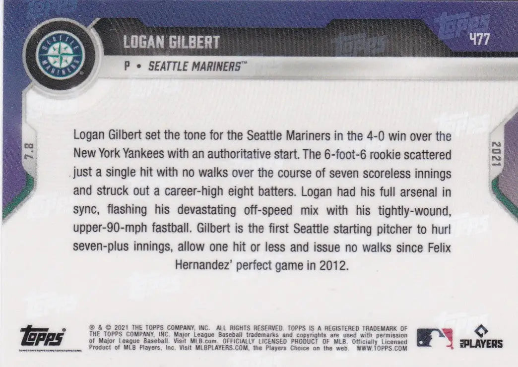 Baseball card back of 2021 Topps Now #477 Logan Gilbert - Seattle Mariners